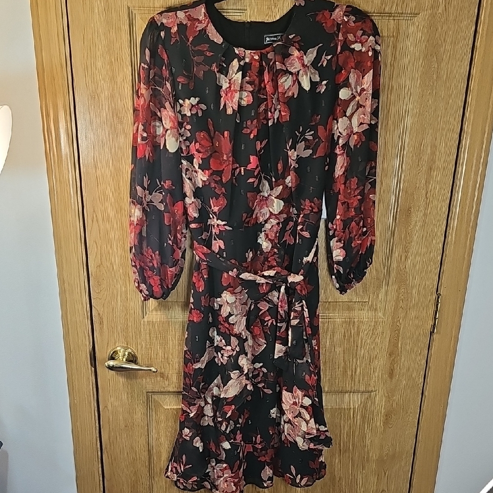 Jessica Howard Black and Red Floral Long Sleeve Dress